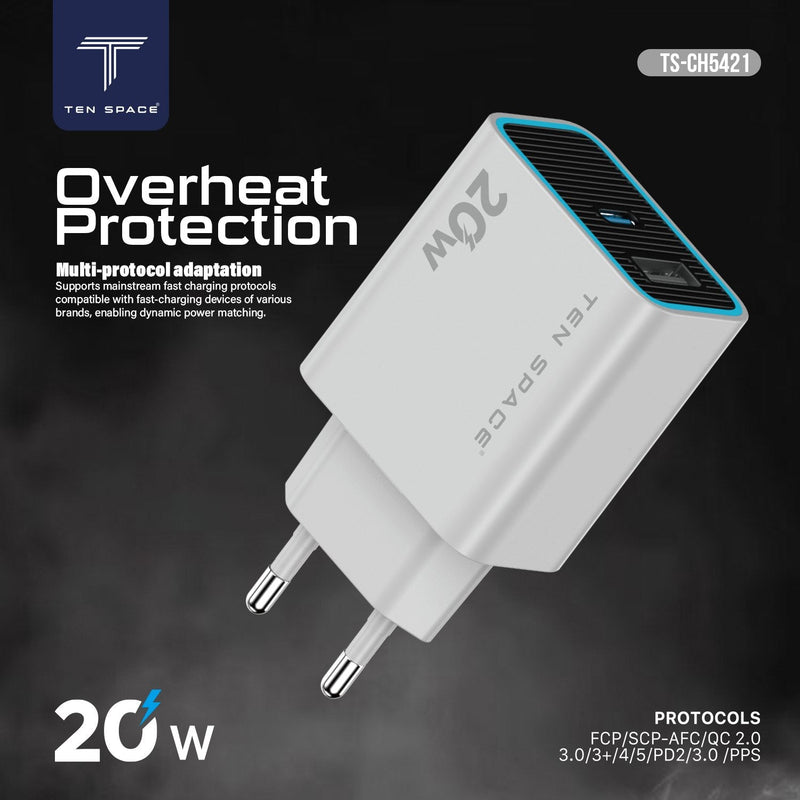 20W USB-A + USB-C Fast Charger | TS-CH5421 – TEN SPACE Wall Chargers wholesale Pakistan